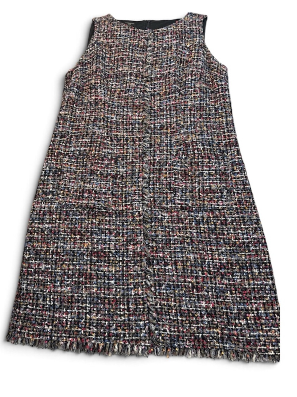 Talbots Black Multicolor Festive Tweed Fringed Sleeveless Shift Dress 12 petite